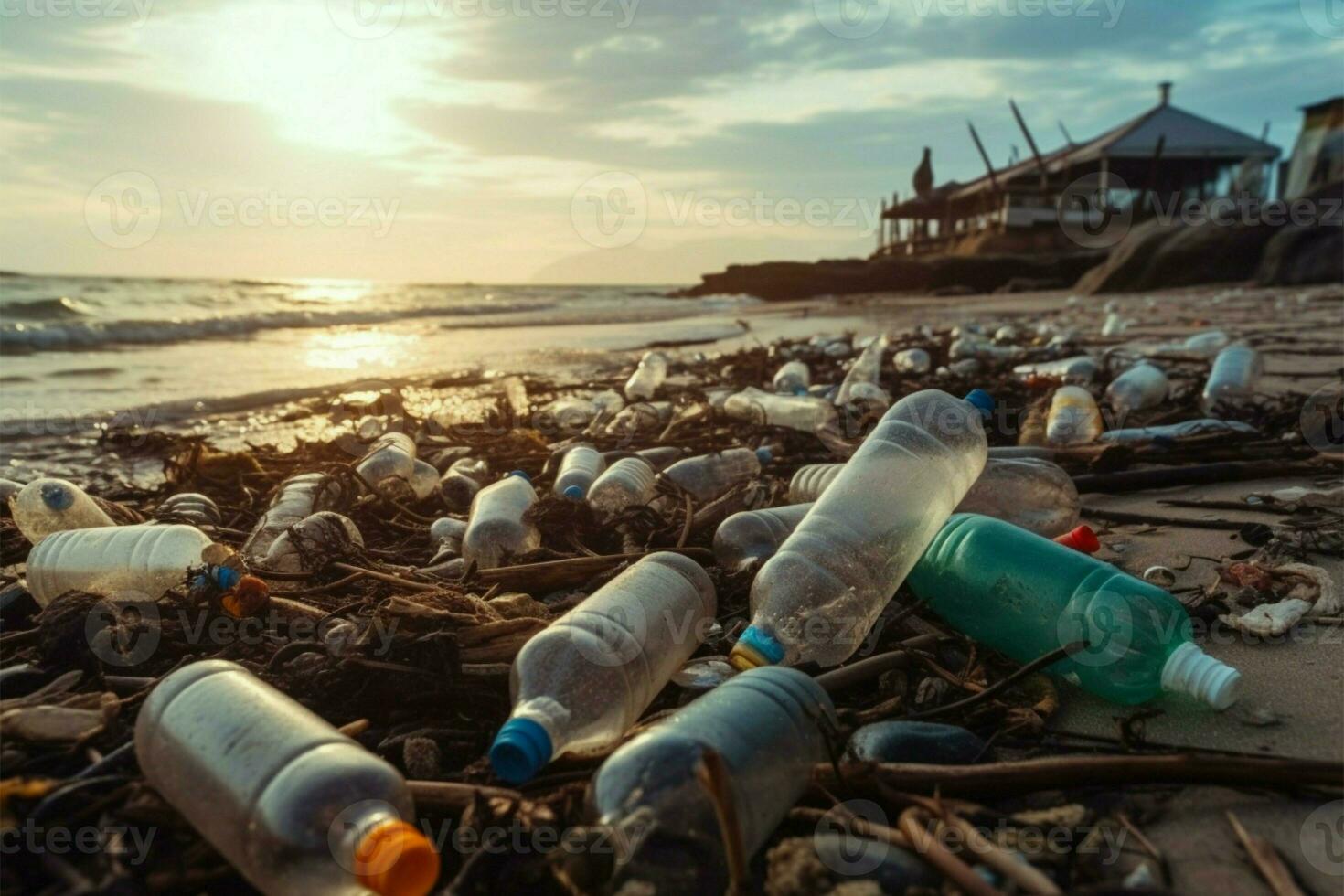 plage jonché avec mis au rebut Plastique bouteilles souligne le problème de la pollution ai généré photo