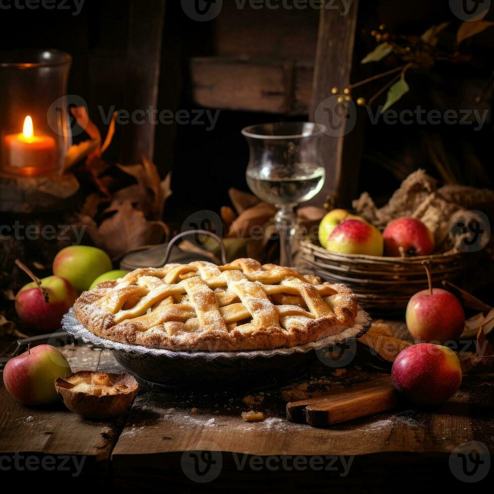 fraîchement cuit Pomme tarte sur une rustique tableau. génératif ai photo