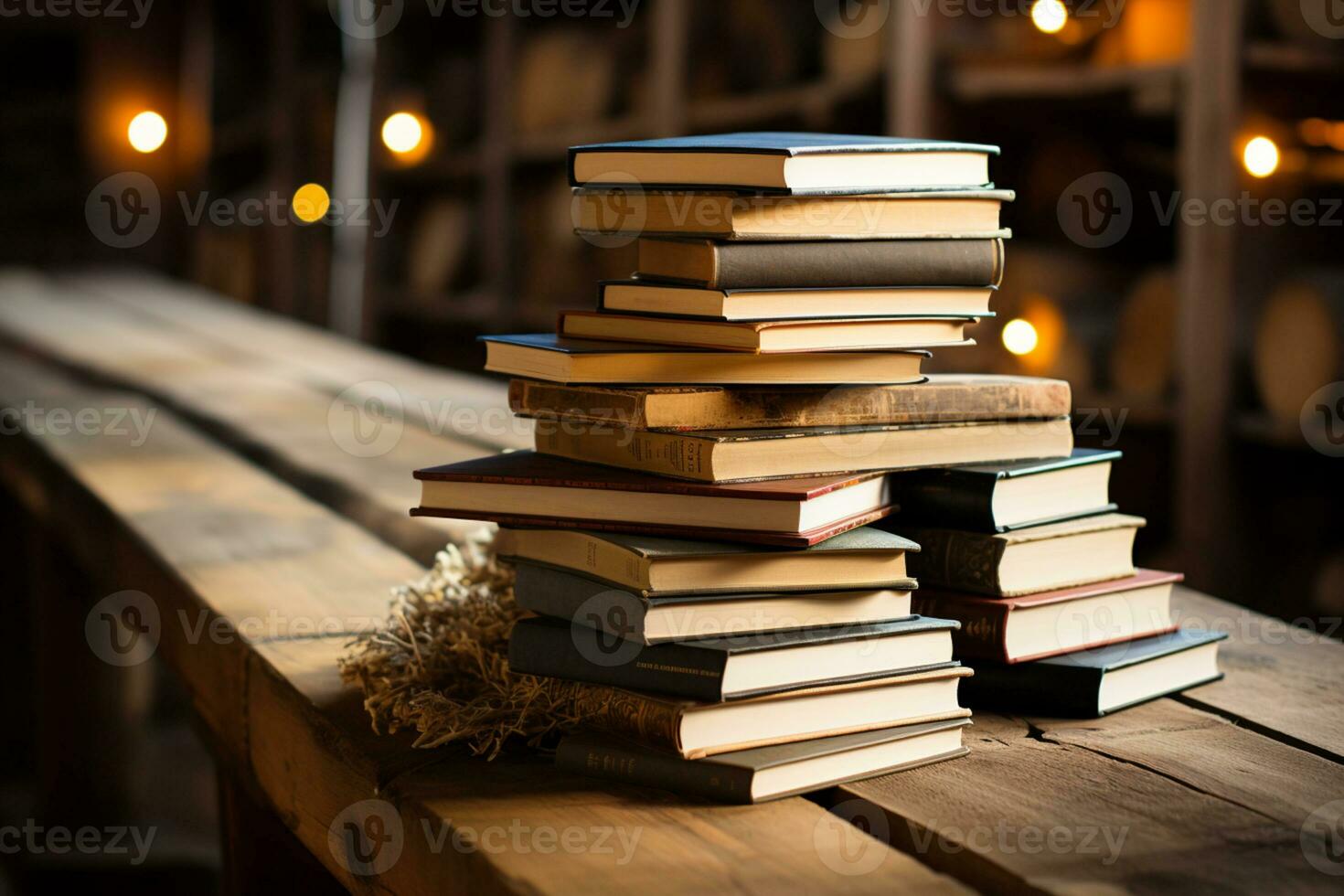 e livre lecteur et relié livres coexister sur en bois surface, formant une en train de lire oasis ai généré photo