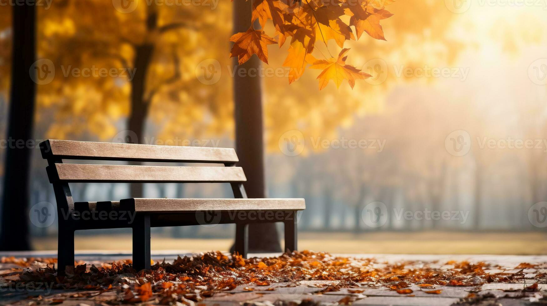 une confortable parc scène avec déchue feuilles et une rustique banc Contexte avec vide espace pour texte photo