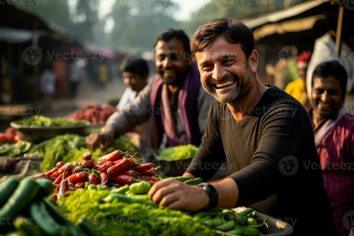 une animé marché avec Les agriculteurs fièrement affichage leur coloré produire tandis que artisans vitrine exquis artisanat au milieu de joyeux à votre santé et rire photo