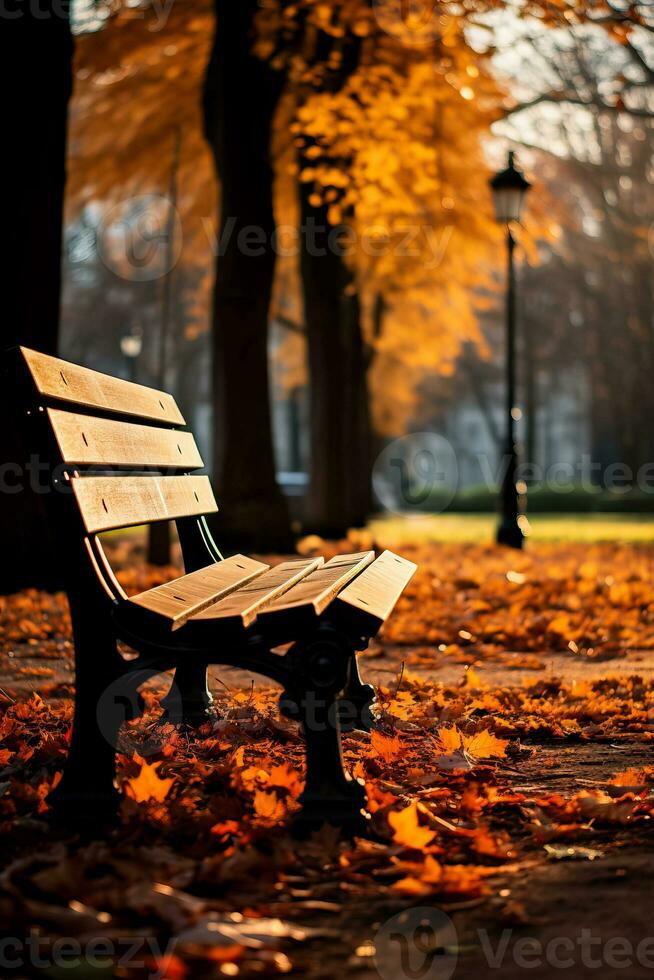 une confortable parc scène avec déchue feuilles et une rustique banc Contexte avec vide espace pour texte photo