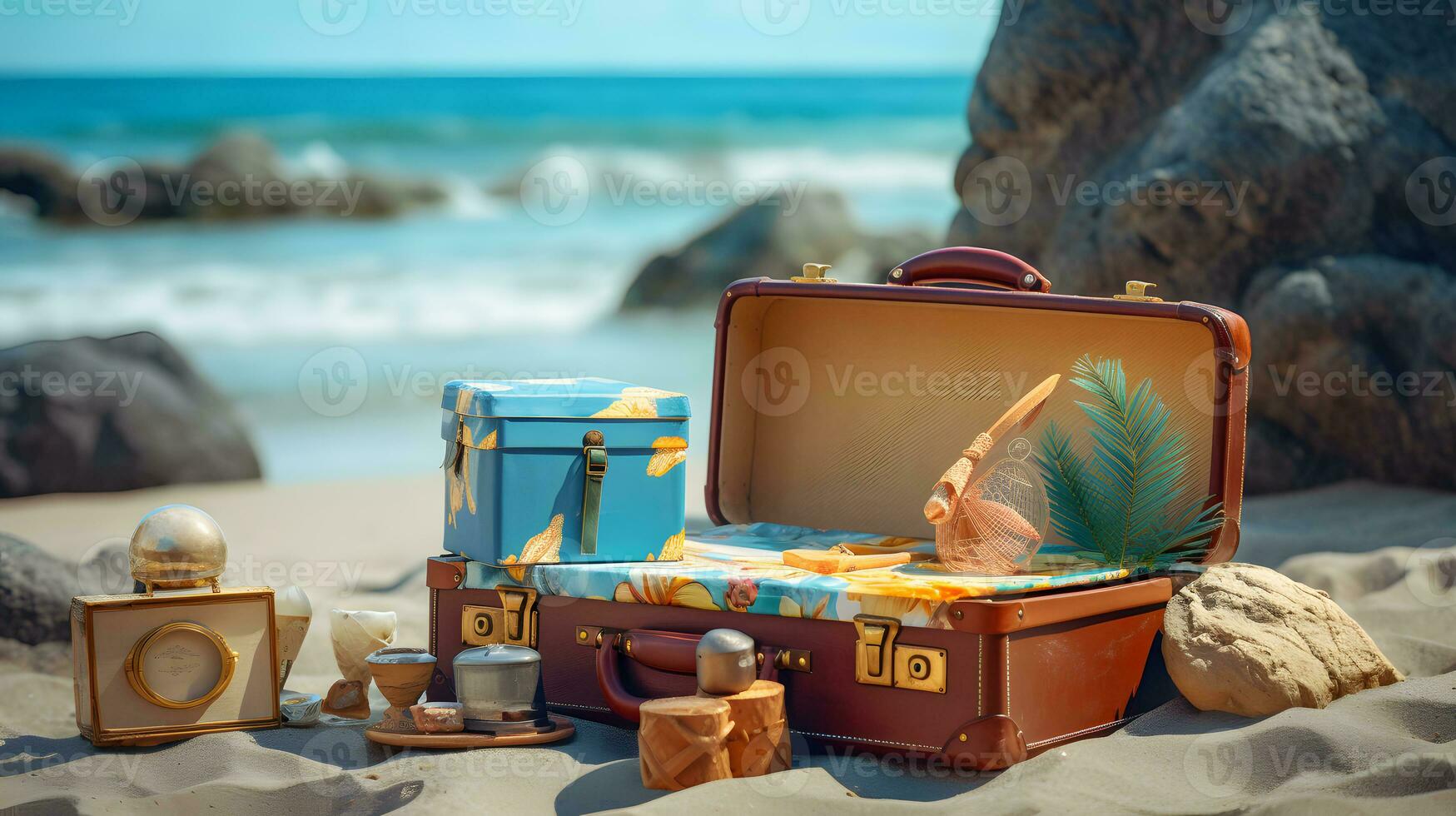 ancien valise sur le le sable avec mer Contexte. Voyage concept. photo