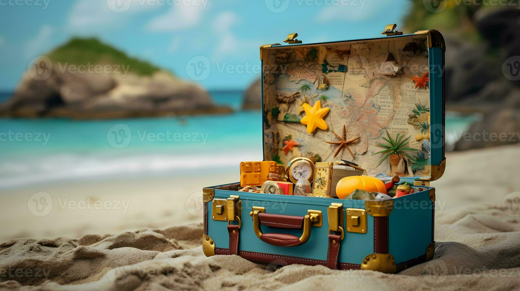 ancien Voyage valise sur le plage avec mer et île Contexte. photo