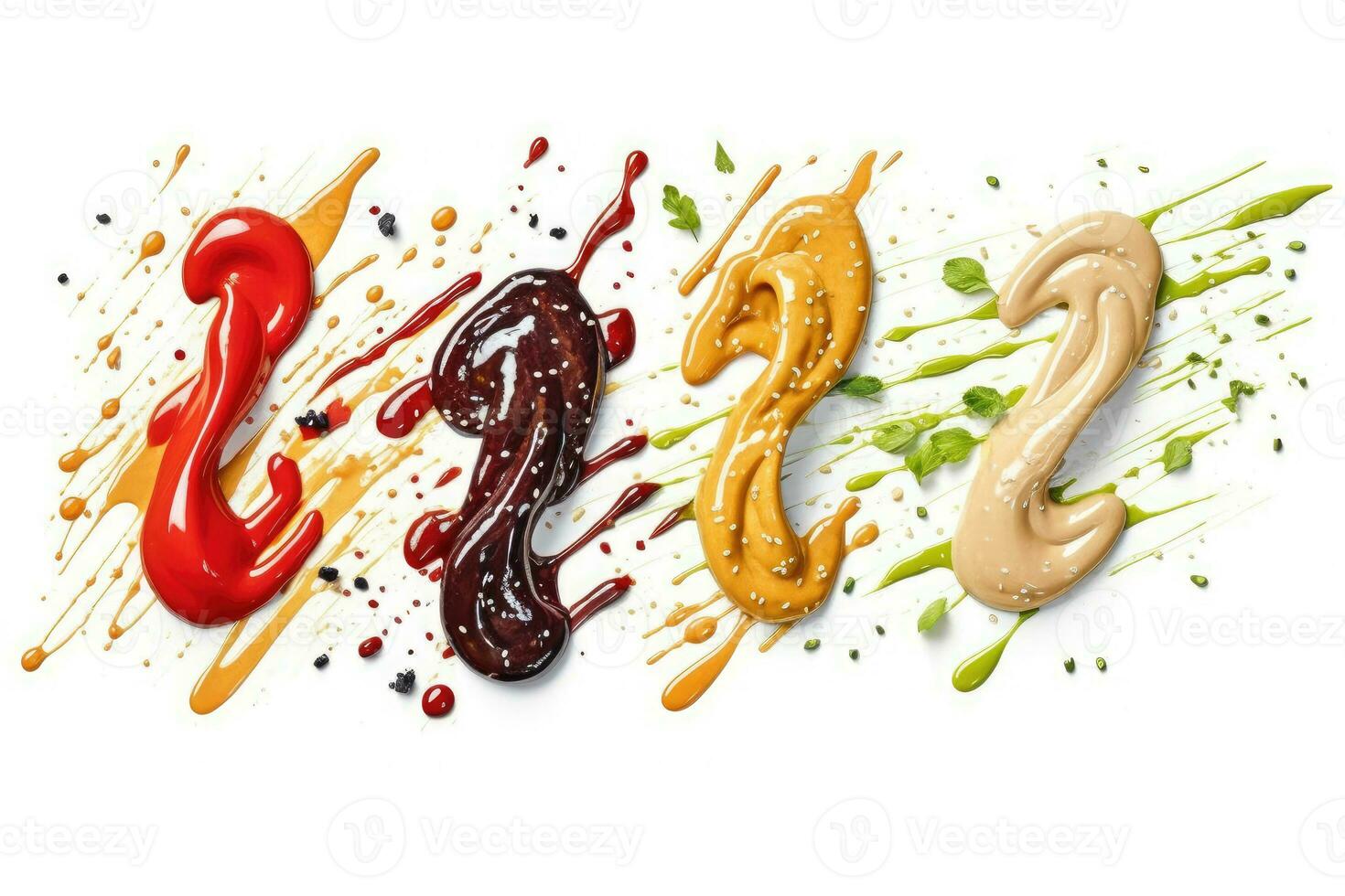 sélection de sauces avec différent couleurs sur une blanc, génératif ai photo