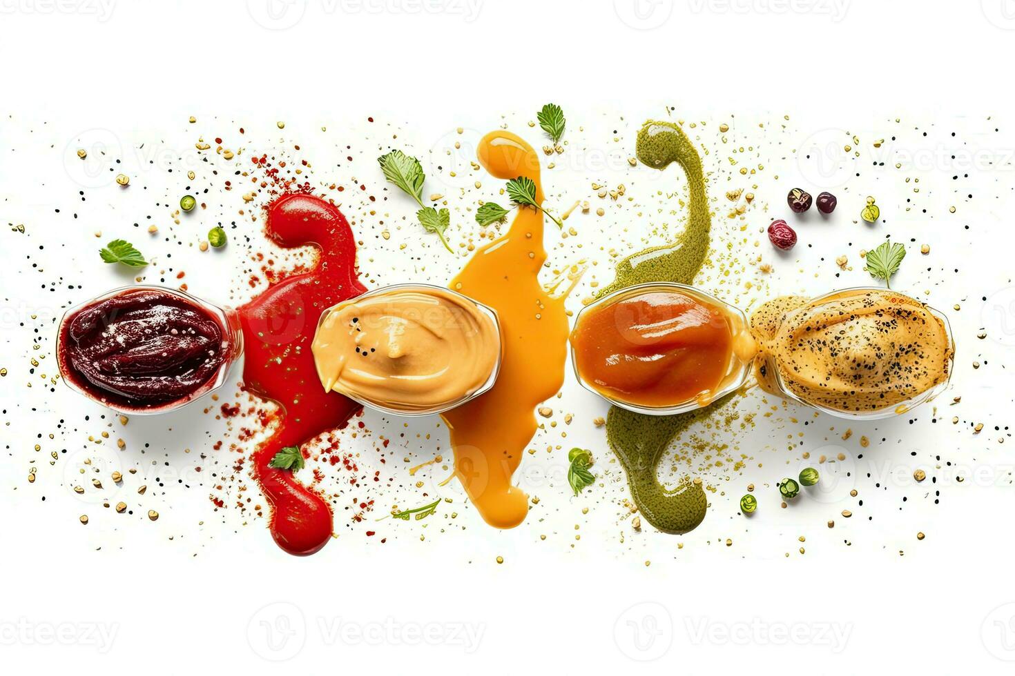 sélection de sauces avec différent couleurs sur une blanc, génératif ai photo