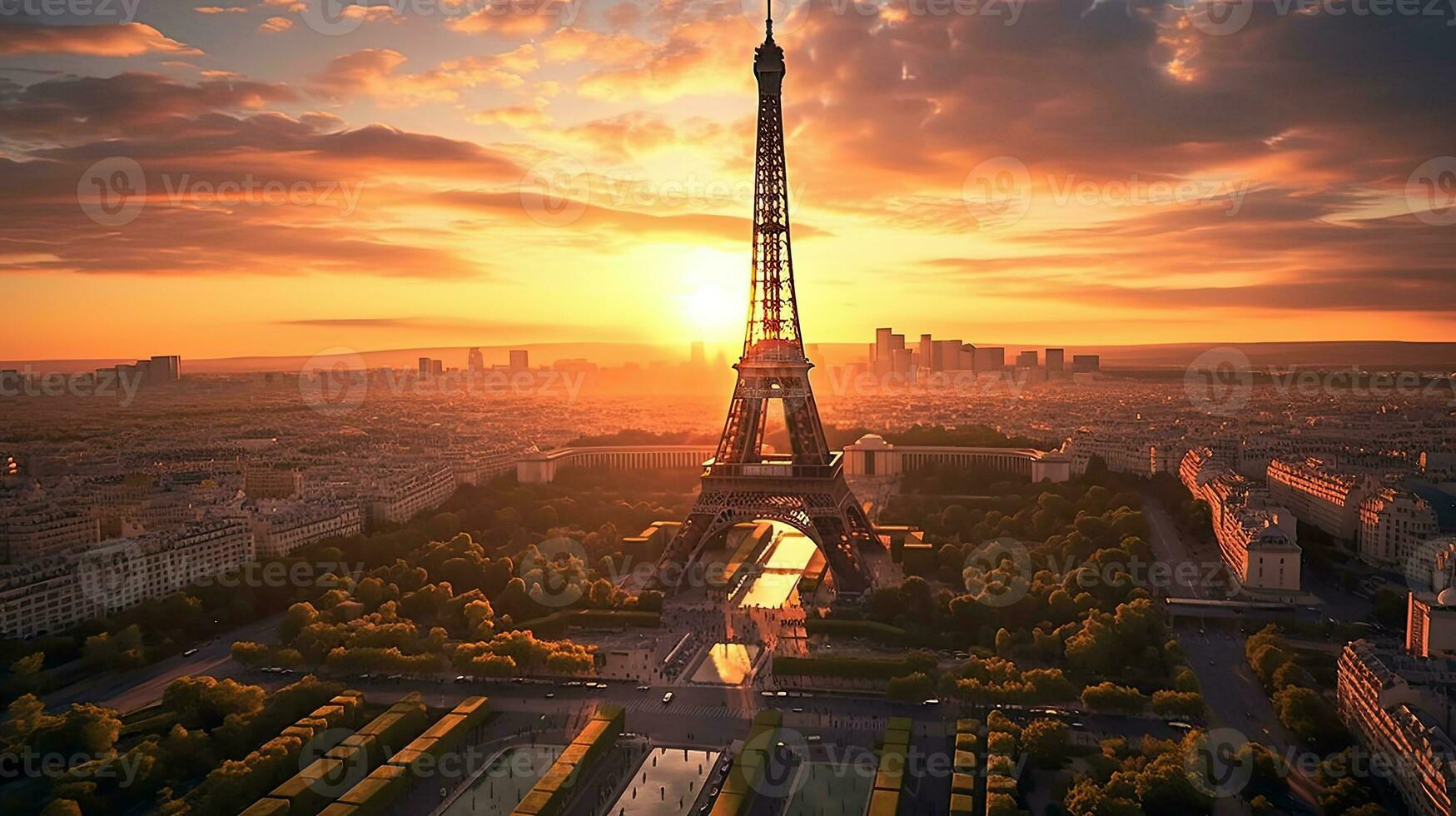 aérien vue de Eiffel la tour Paris France lever du soleil. produire ai photo