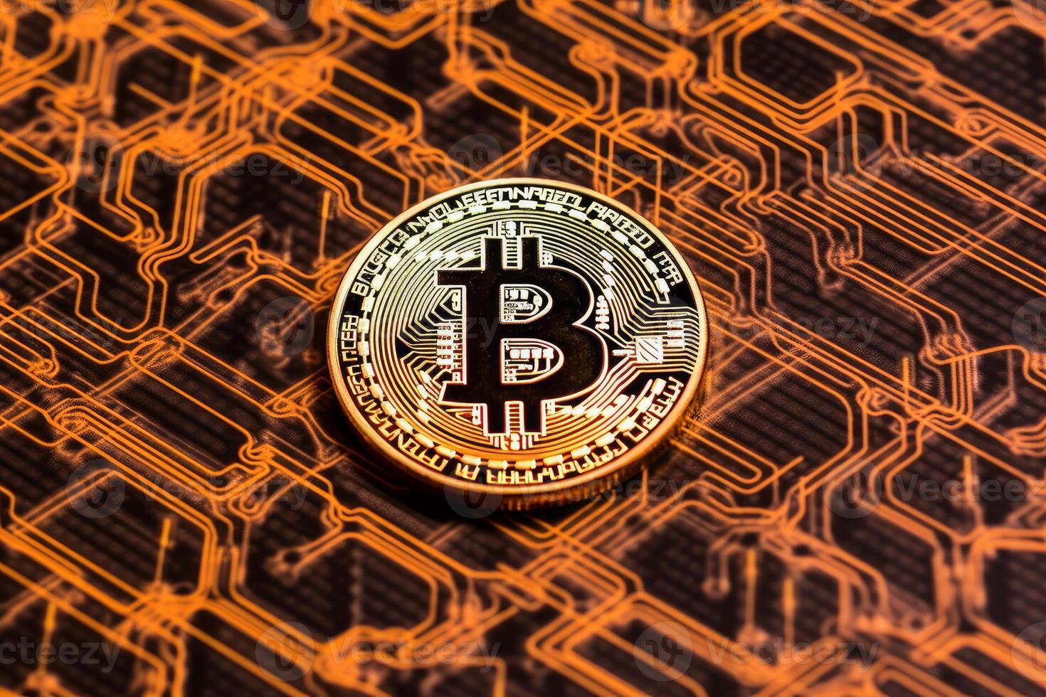 fermer de une bitcoin avec une unique toile de fond génératif ai photo