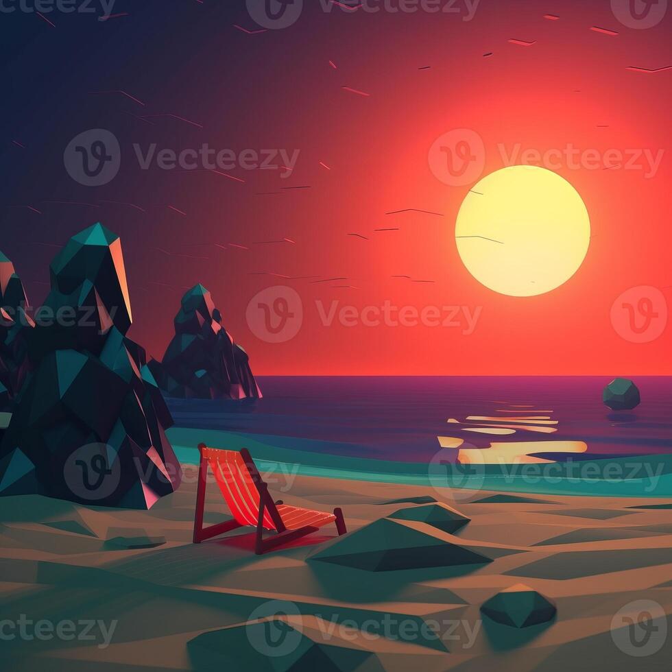 low-poly été nuit plage génératif ai photo