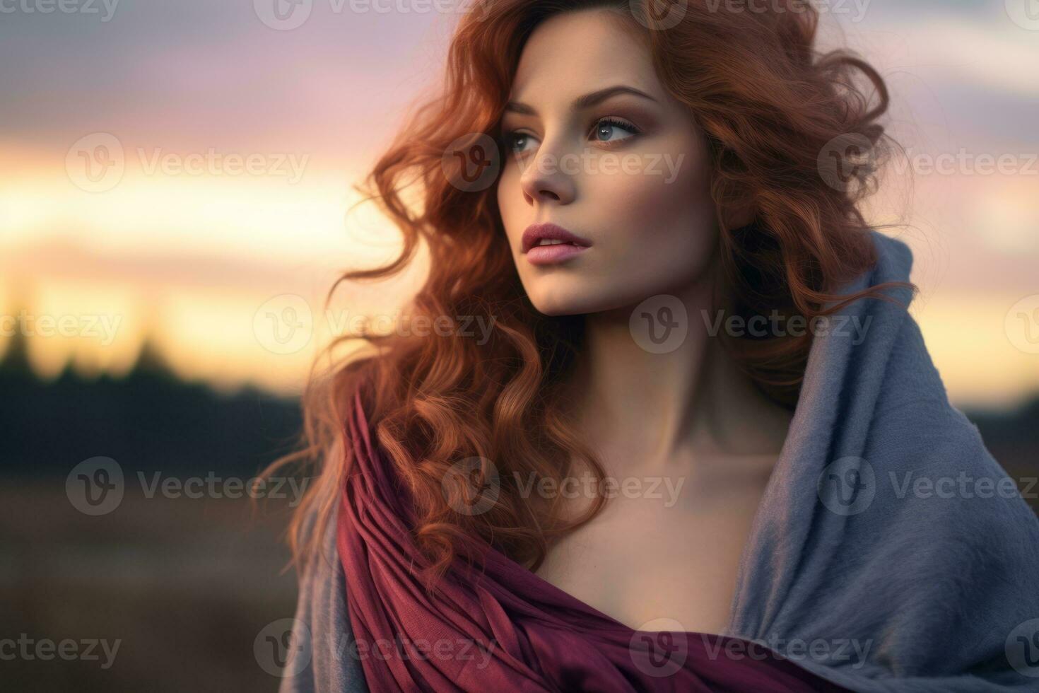 une femme avec longue rouge cheveux et une bonnet est permanent dans une  café magasin génératif ai 28382590 Photo de stock chez Vecteezy