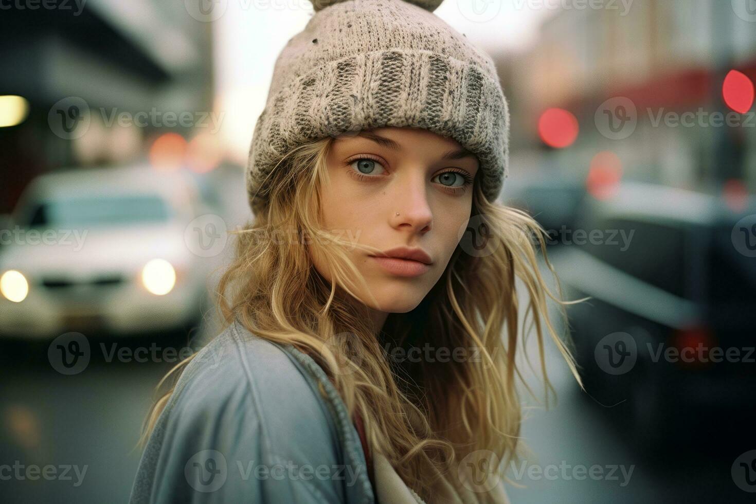 une femme portant une chapeau et écharpe sur une ville rue génératif ai  28381515 Photo de stock chez Vecteezy