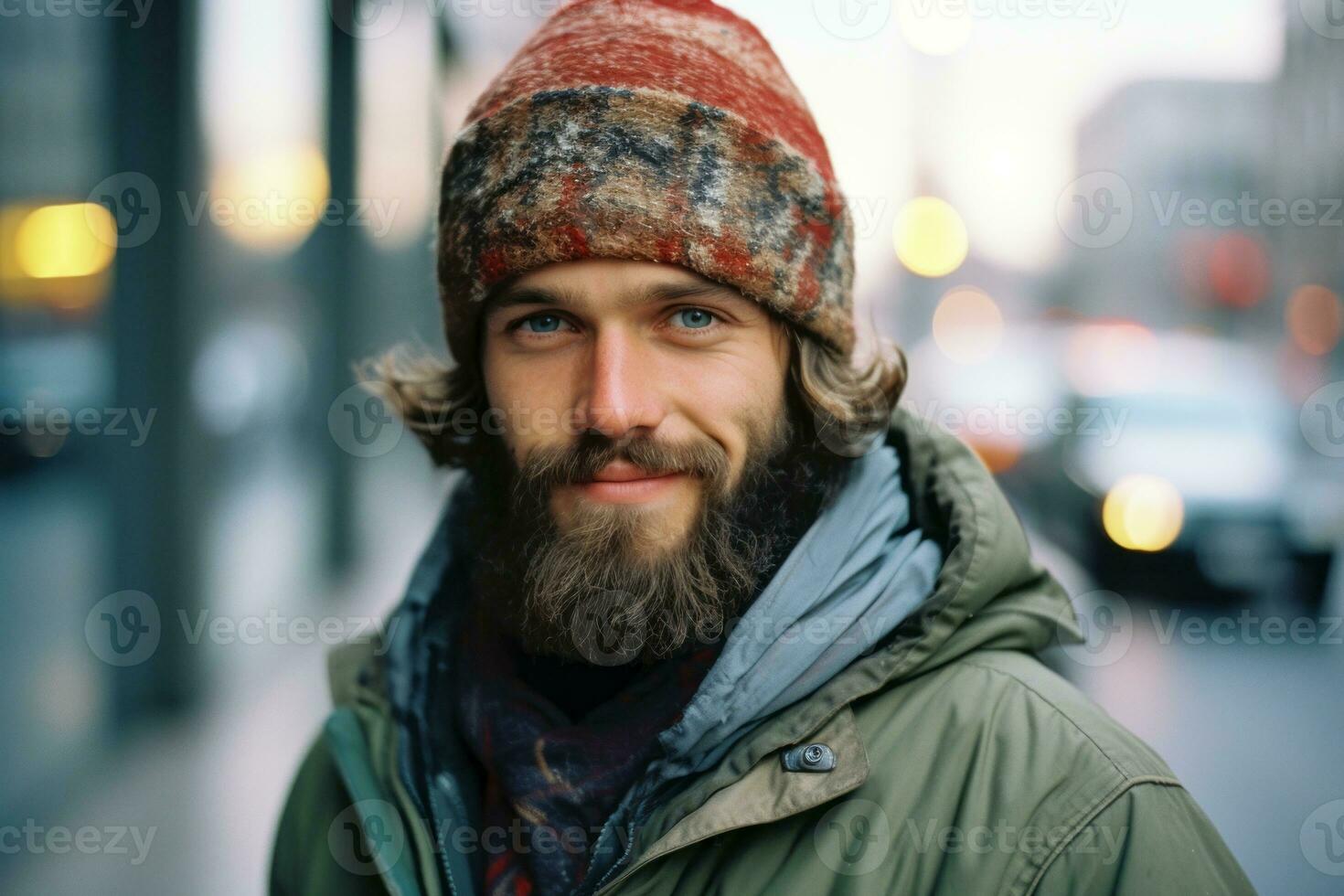 une homme avec une barbe et une hiver chapeau génératif ai photo