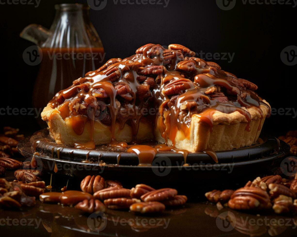 une tarte surmonté avec caramel et noix de pécan génératif ai photo