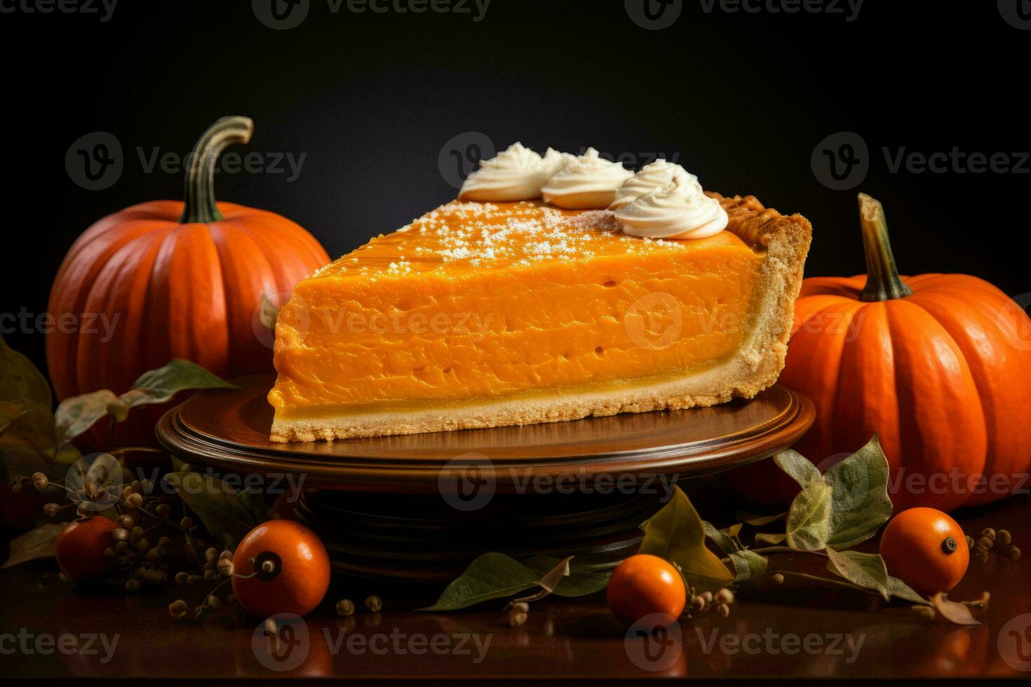 une tranche de citrouille tarte avec fouetté crème sur Haut génératif ai photo