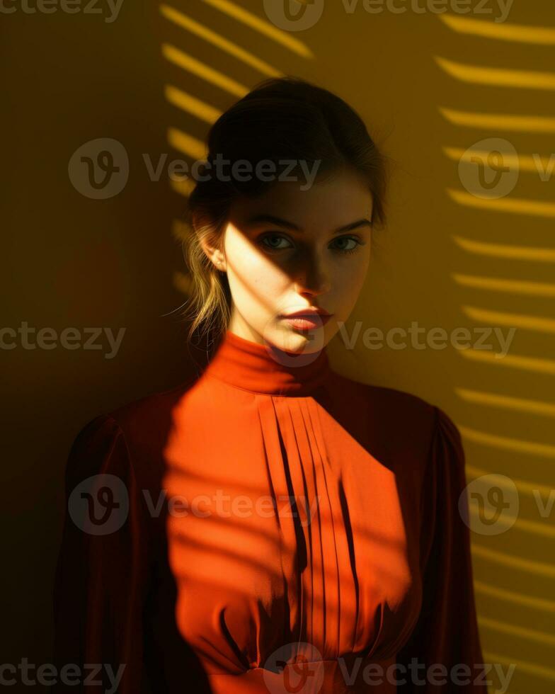 une femme dans une rouge robe est permanent dans de face de une Jaune mur génératif ai photo