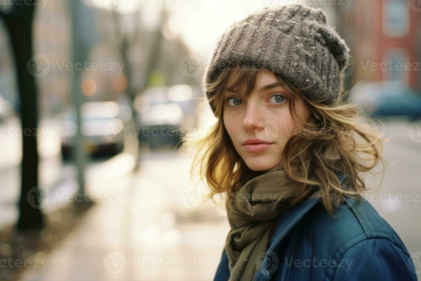 une femme portant une chapeau et écharpe sur une ville rue génératif ai  28381515 Photo de stock chez Vecteezy