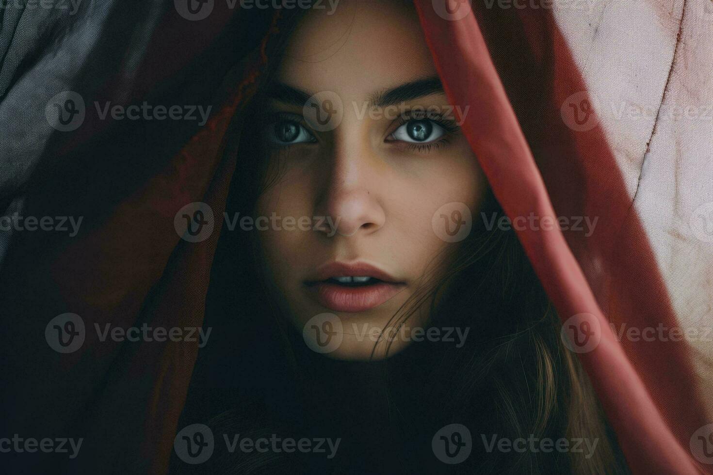 une femme avec bleu yeux en dessous de une rouge tissu génératif ai photo