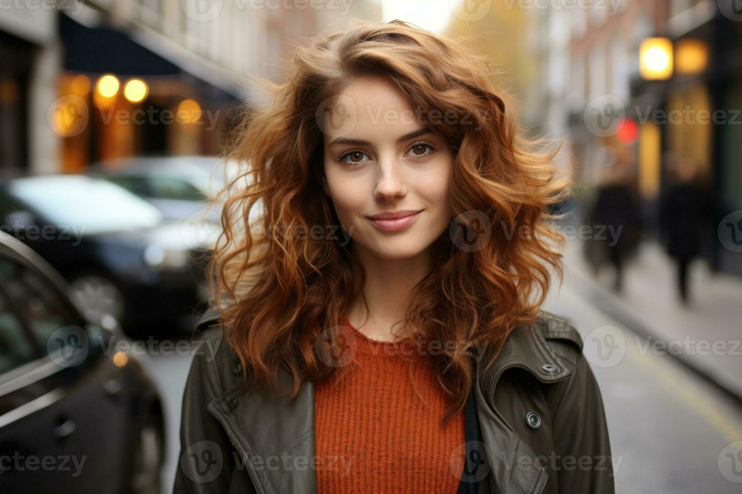 une femme avec longue rouge cheveux et une bonnet est permanent dans une  café magasin génératif ai 28382590 Photo de stock chez Vecteezy