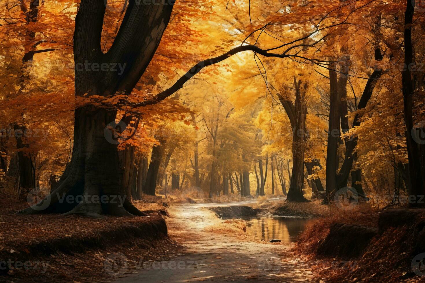 l'automne forêt chemin dans le forêt avec Jaune feuilles génératif ai photo