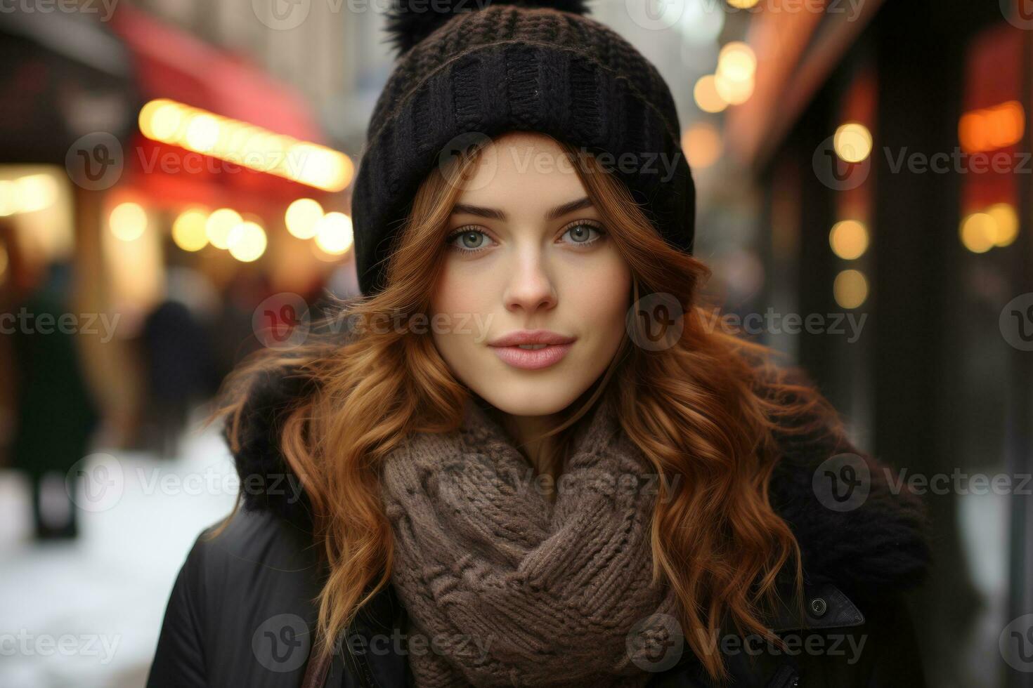 une femme avec longue rouge cheveux et une bonnet est permanent dans une  café magasin génératif ai 28382590 Photo de stock chez Vecteezy