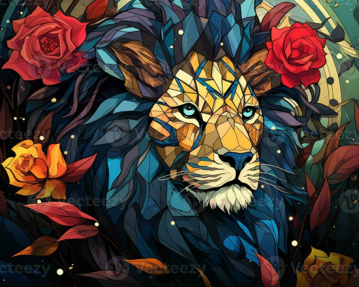 le Lion est entouré par des roses et feuilles génératif ai photo