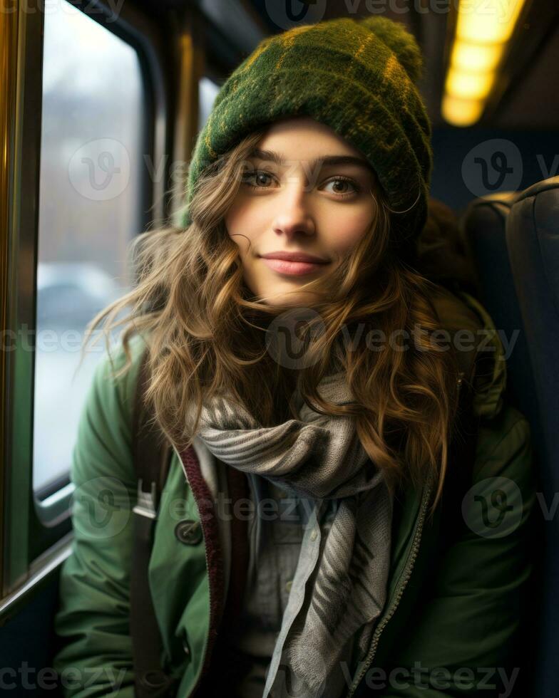 une femme portant une chapeau et écharpe sur une ville rue génératif ai  28381515 Photo de stock chez Vecteezy