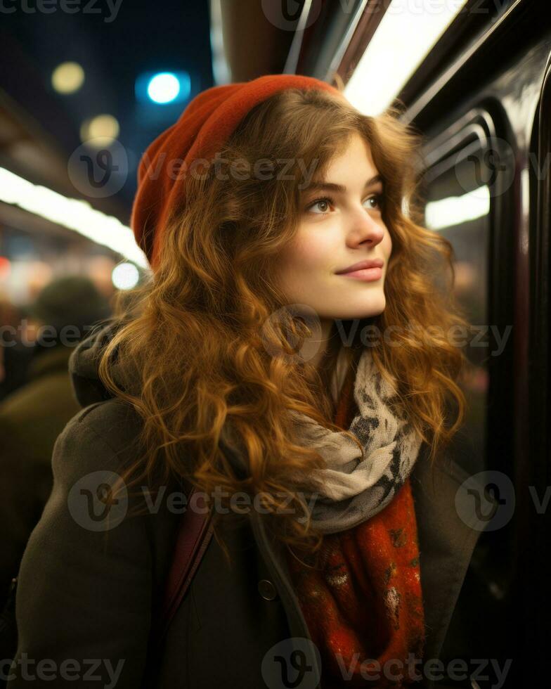 une femme portant une chapeau et écharpe sur une ville rue génératif ai  28381515 Photo de stock chez Vecteezy