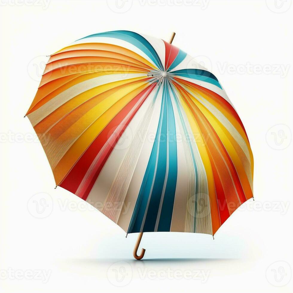 vivement coloré parapluie avec en bois manipuler sur blanc Contexte. génératif ai. photo