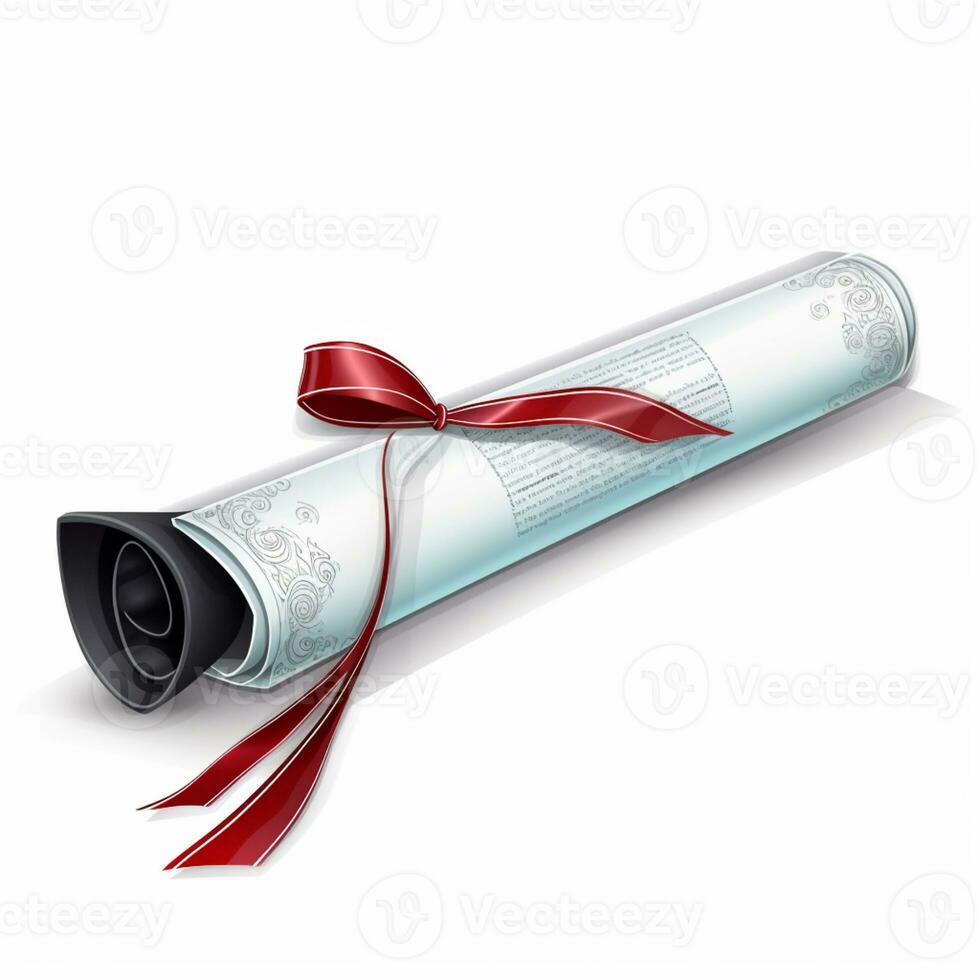arafé roulé en haut diplôme avec rouge ruban et arc sur blanc Contexte. génératif ai. photo