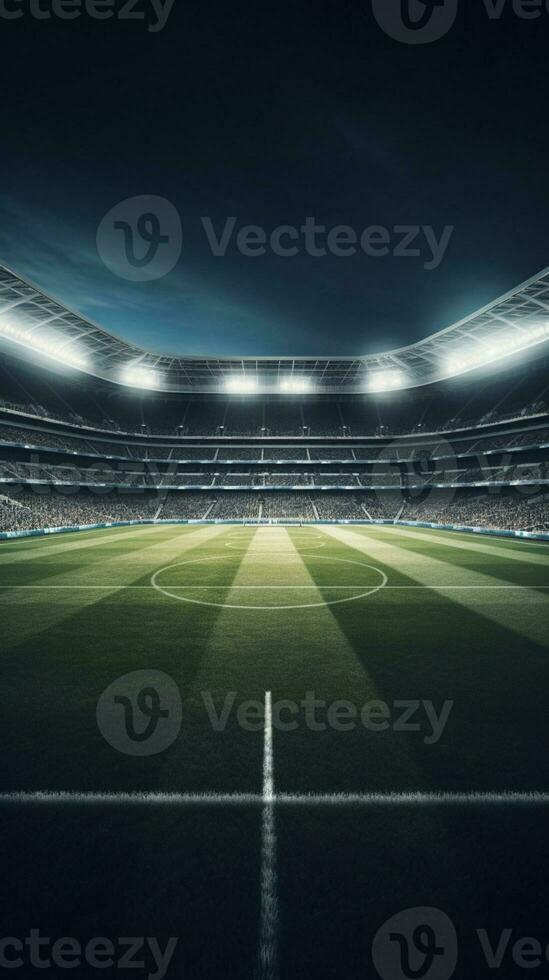 une vue de une football stade avec une vert champ et une stade avec une blanc doubler. génératif ai. photo