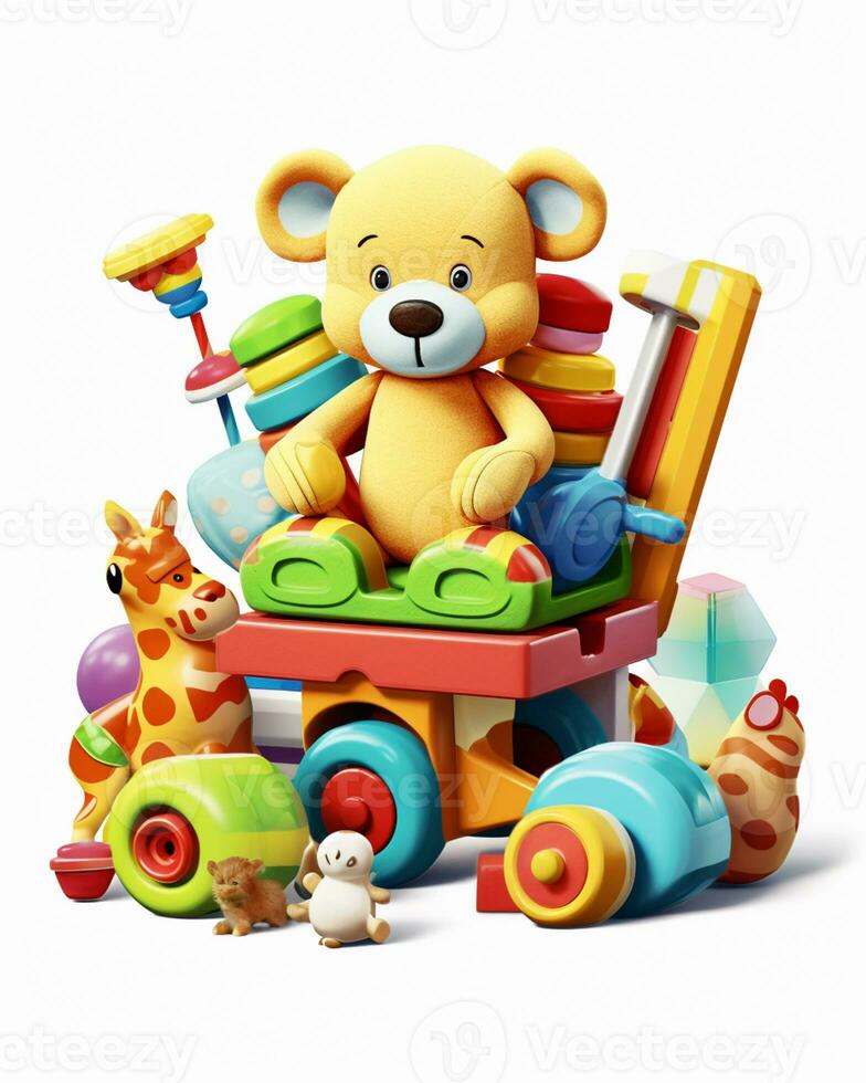 là est une nounours ours séance sur une jouet voiture avec autre jouets. génératif ai. photo