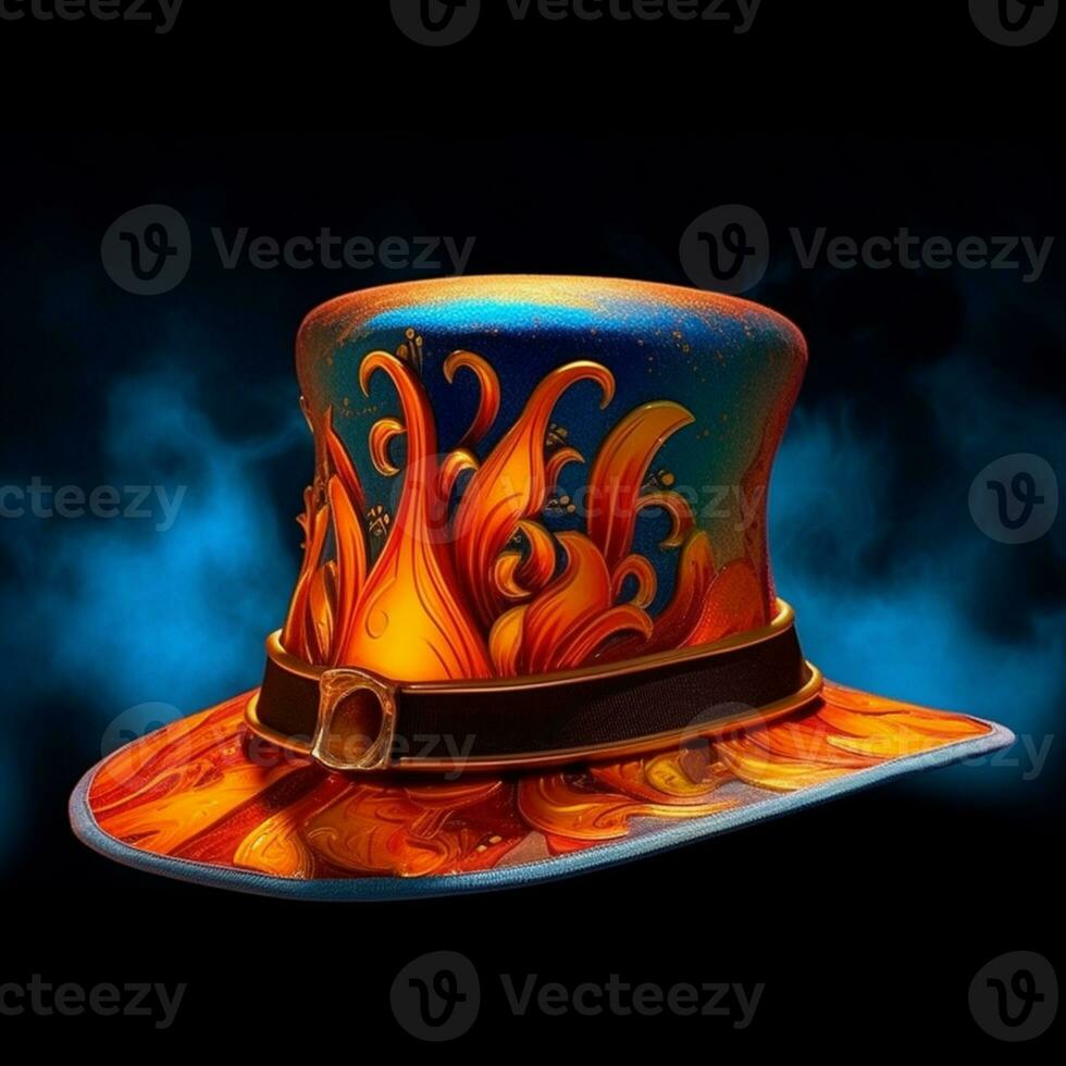 vivement coloré chapeau avec flammes et tourbillonne sur il contre une foncé Contexte. génératif ai. photo