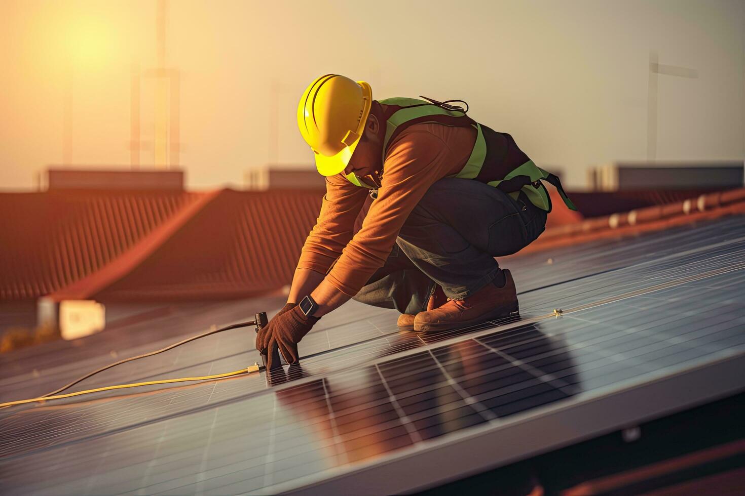 ingénieur installation solaire panneaux, sur le toit, électrique technicien à travail, génératif ai . photo