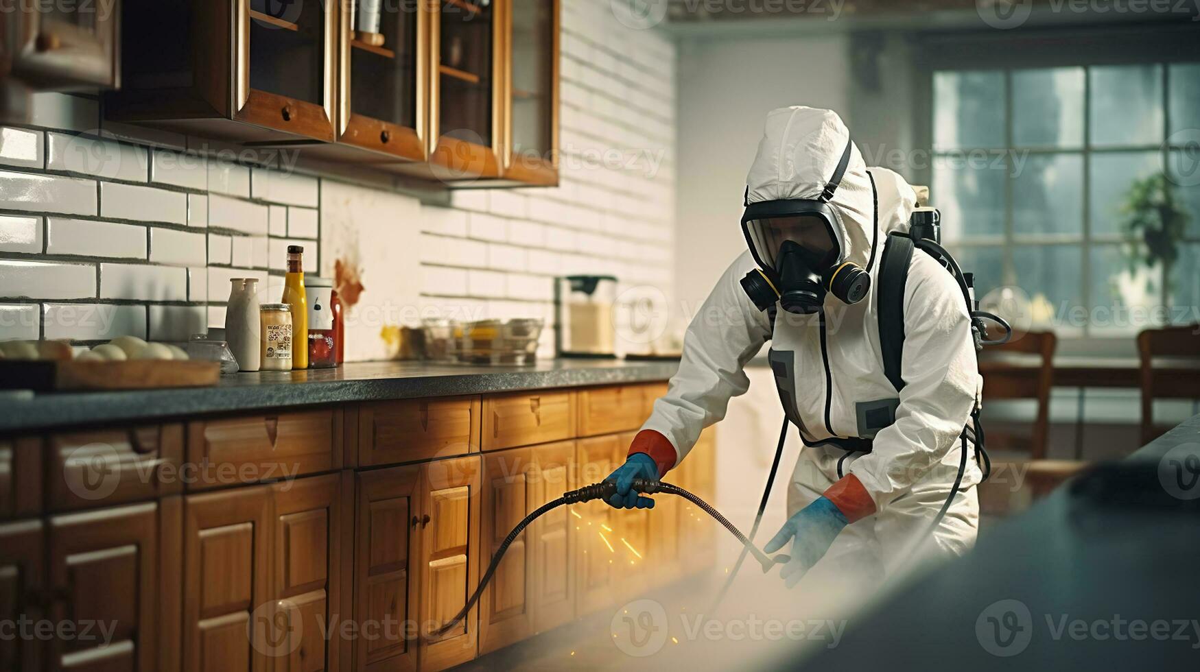 ravageur contrôle un service gars dans masque et blanc protecteur costume pulvérisation toxique gaz ou liquide sur planchers et placards dans cuisine intérieur. génératif ai photo