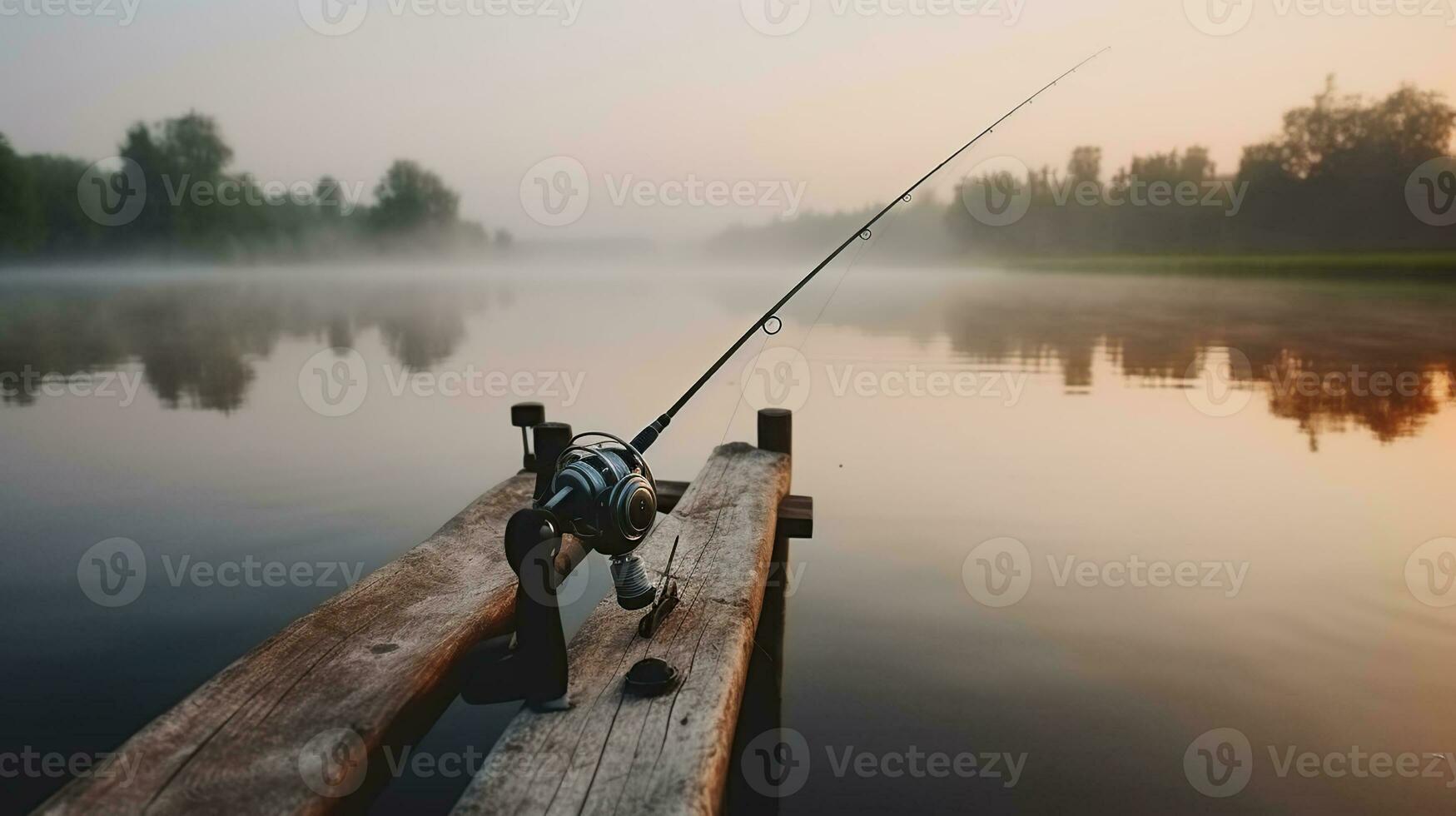 au bord de la rivière tranquillité. pêche barre et filage bobine à lever du soleil par le brumeux lac. génératif ai photo