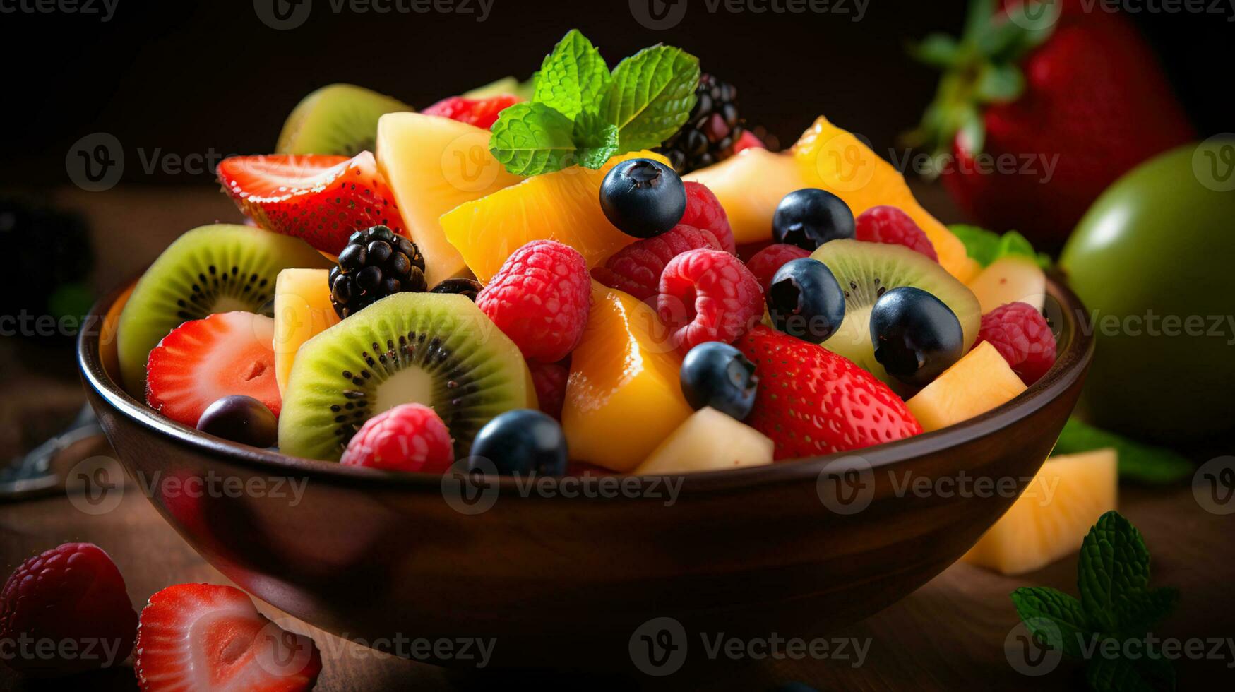 une Frais fruit salade éclatement avec saveur. génératif ai photo