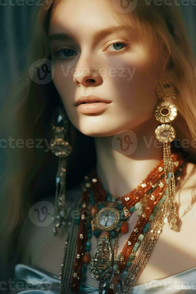 portrait de une européen blond fermer dans élégant bijoux , Naturel studio photo, chaud filtre, ai génératif art photo