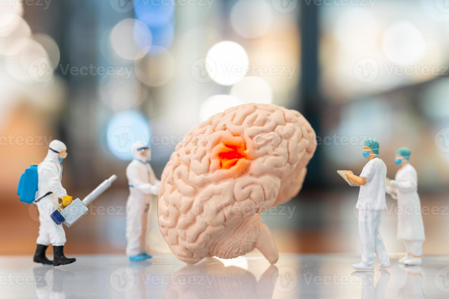médecin et infirmière miniatures observant et discutant du cerveau humain photo