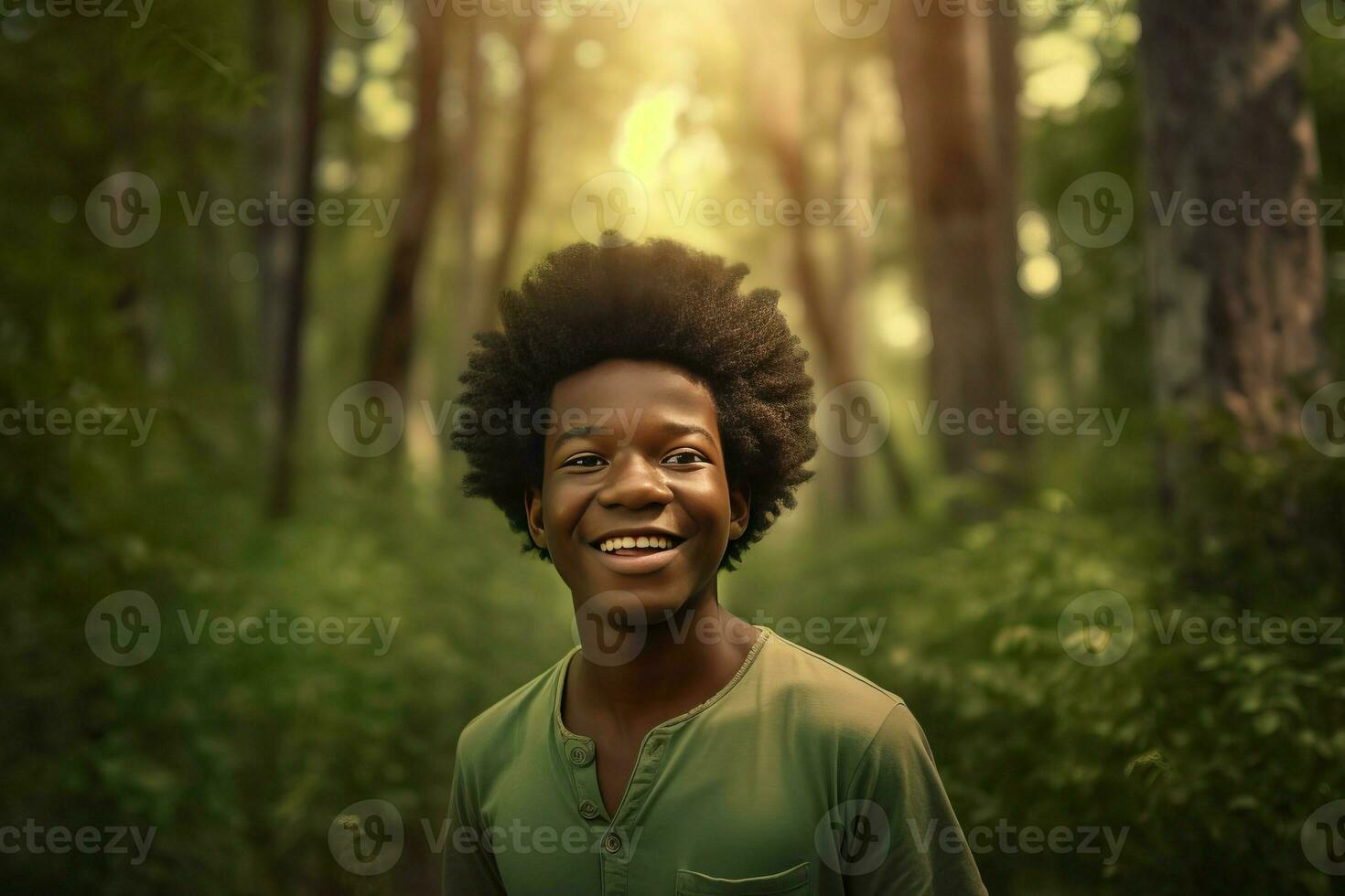 afro américain garçon forêt. produire ai photo