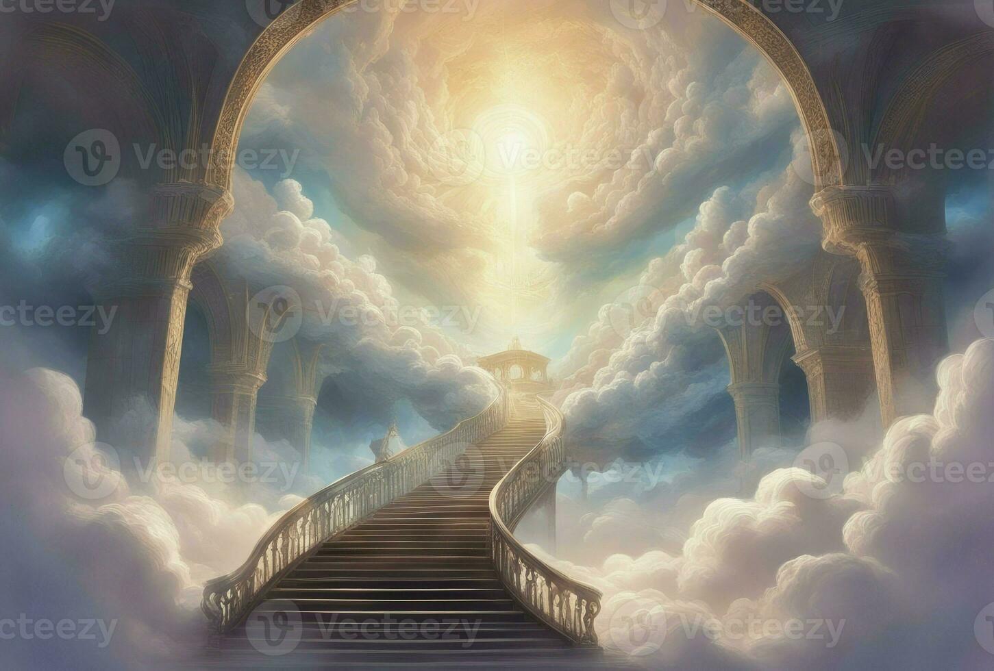 escalier à paradis. escaliers dans ciel. concept avec Soleil et des nuages. religion arrière-plan, génératif ai photo