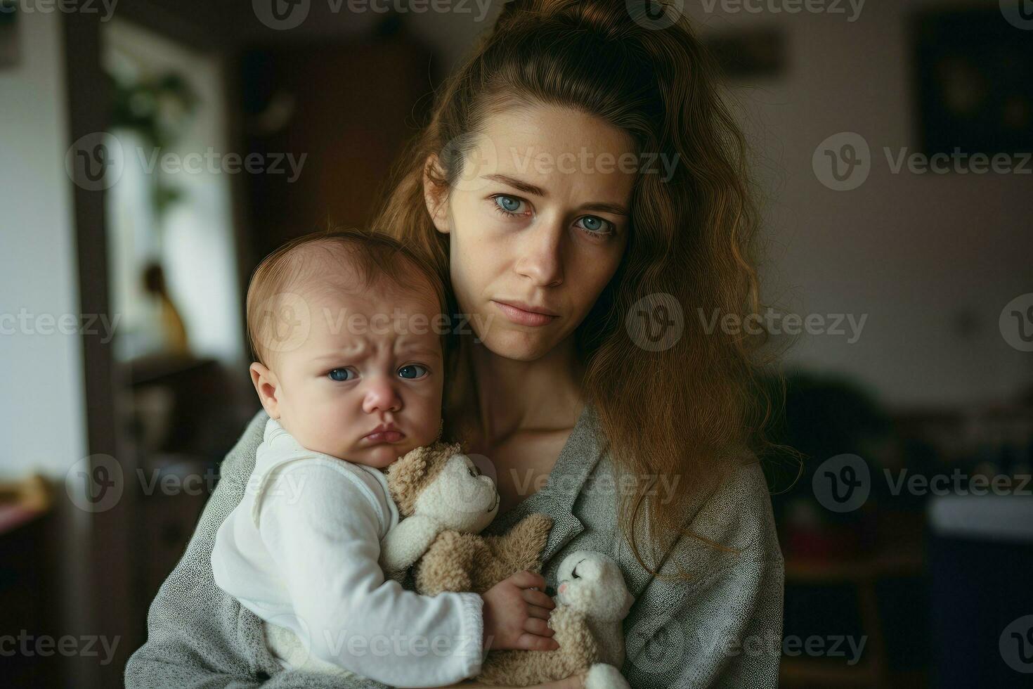 déprimé Jeune femme avec bébé à maison. produire ai photo