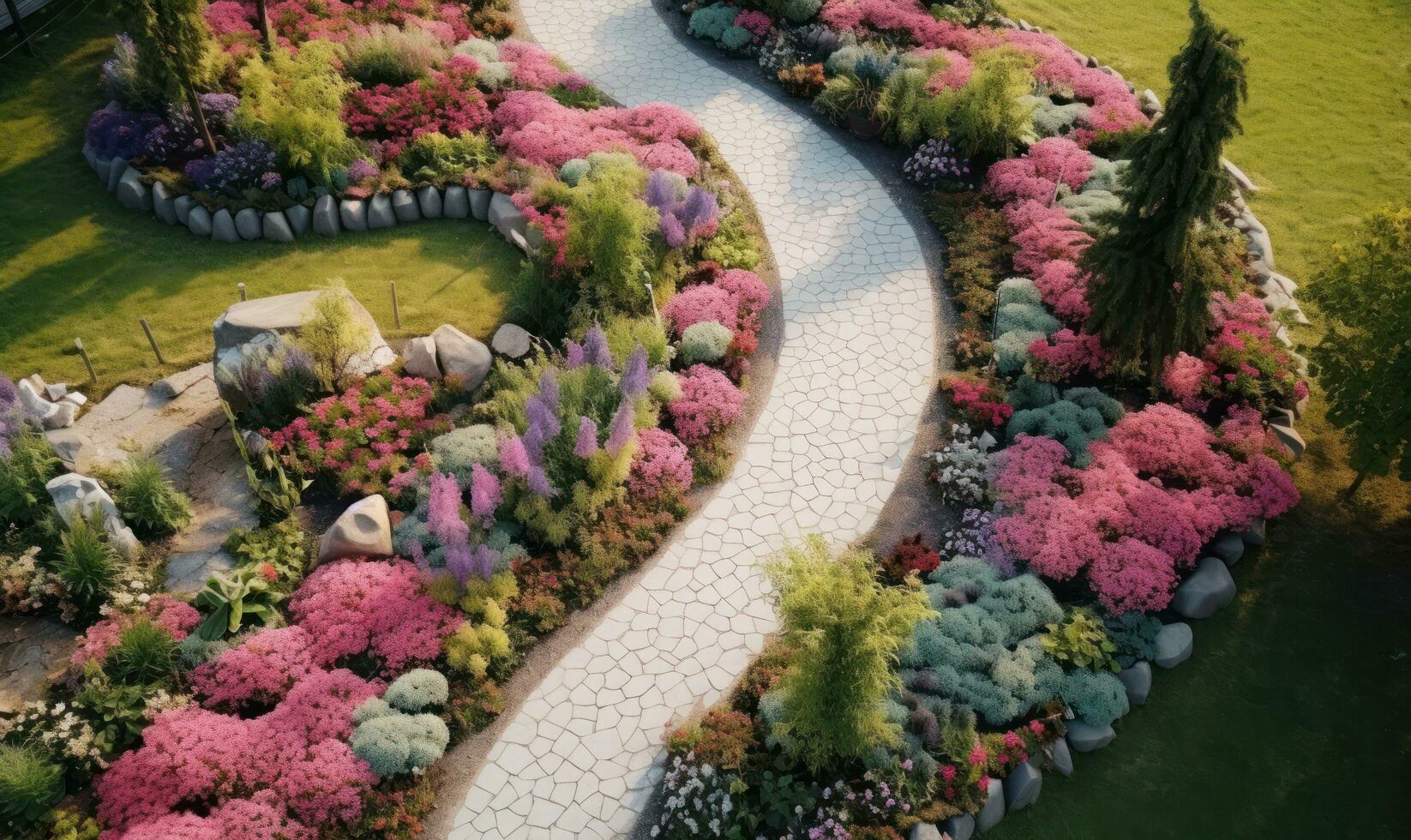 aérien drone vue de le Haut de une jardin chemin photo