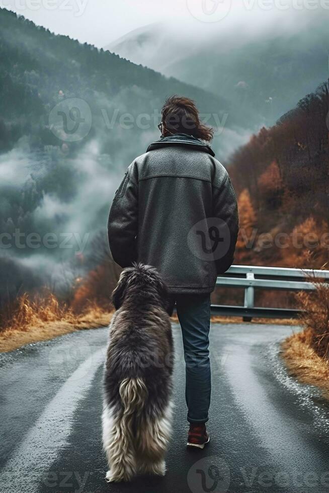 arrière vue de homme randonnée avec duveteux gros gris chien dans montagnes dans l'automne animal de compagnie adoption en voyageant avec chien génératif ai photo