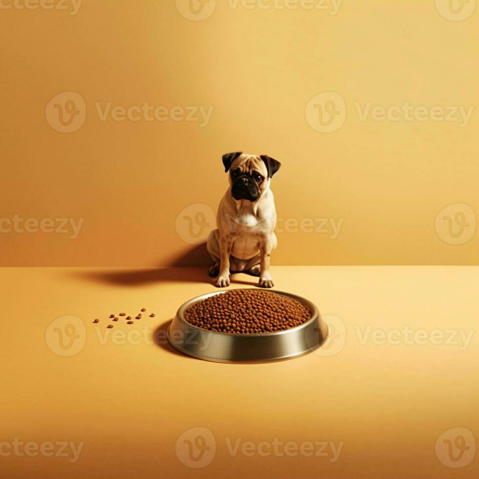 peu mignonne chien vadrouilles séance par gros bol de sec nourriture sur Jaune Contexte copie espace génératif ai animaux domestiques se soucier photo