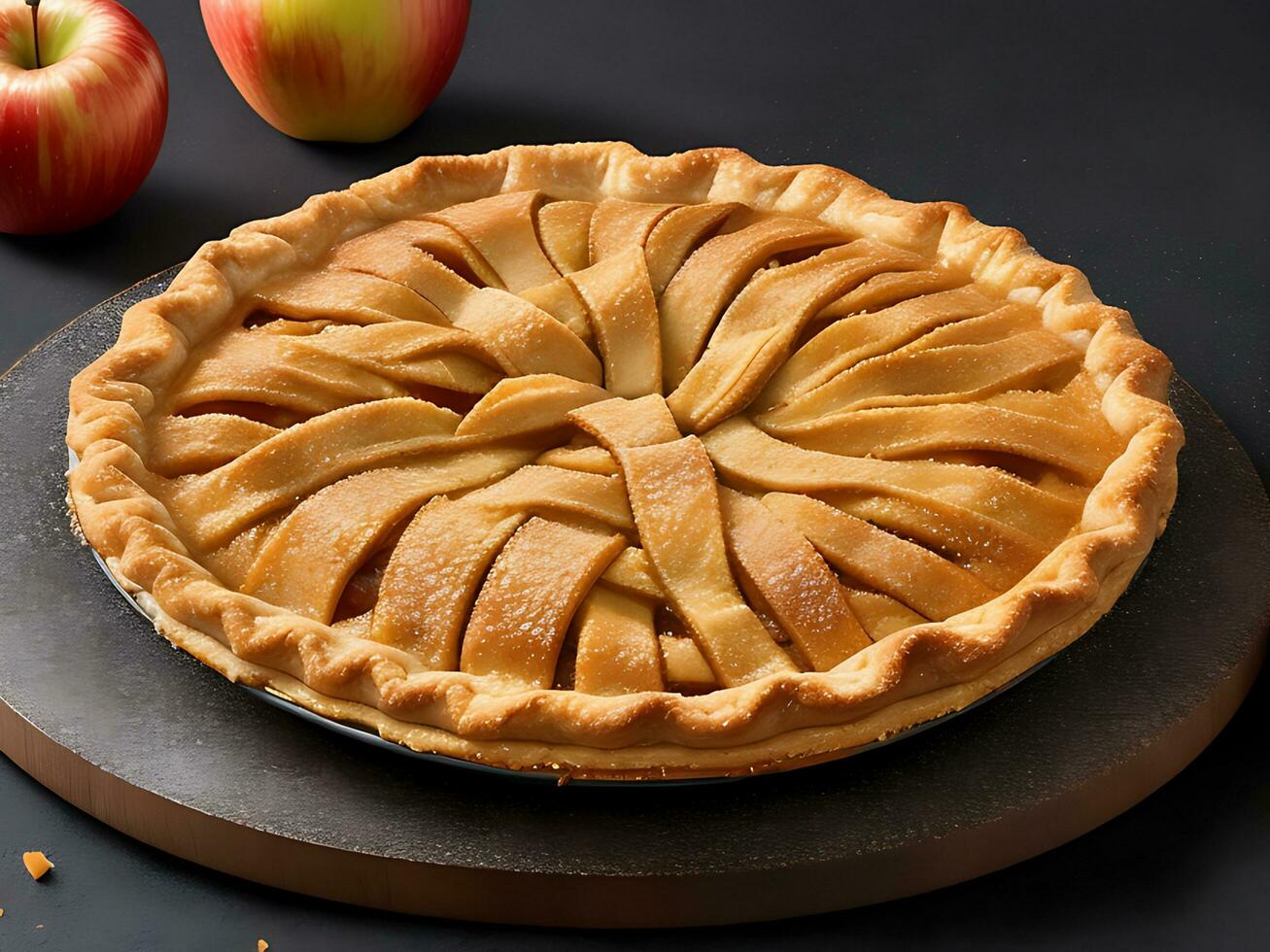 une assiette de Pomme tarte sur noir Contexte photo