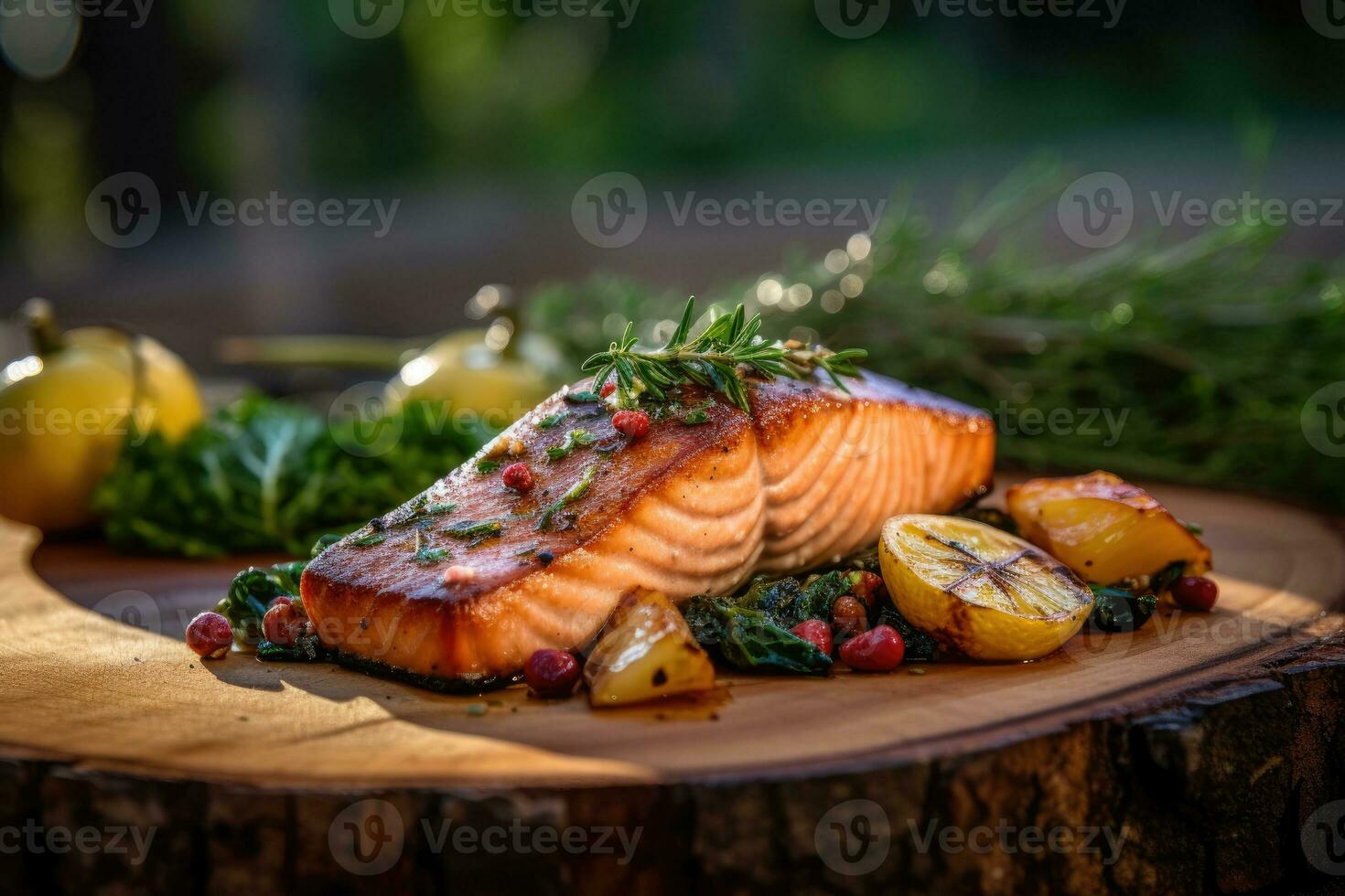 enfumé grillé cuit Saumon avec herbes génératif ai photo