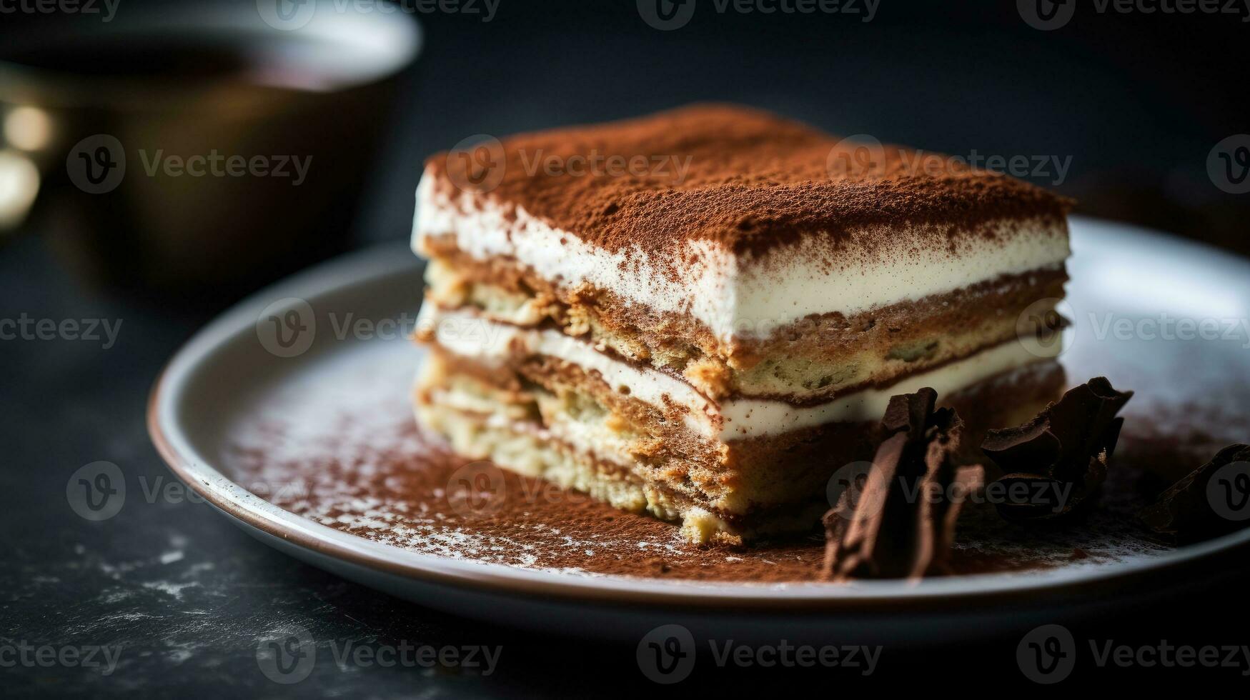 une fermer magazine qualité coup de une magnifiquement en couches tiramisu avec crémeux mascarpone et saupoudré cacao ai généré photo