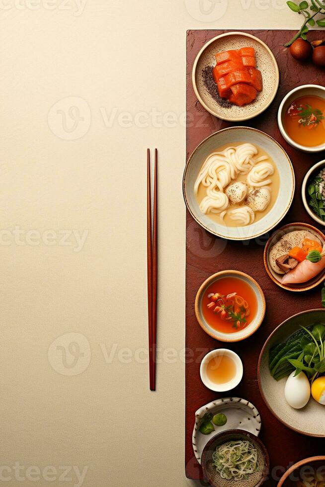 Haut vue de une Facile asiatique repas ramen Dumplings et Sushi illustrant diverse les saveurs ai génératif photo