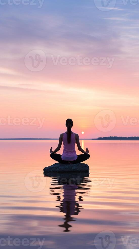 tranquille le coucher du soleil yoga - une bien-être et pleine conscience périple ai génératif photo