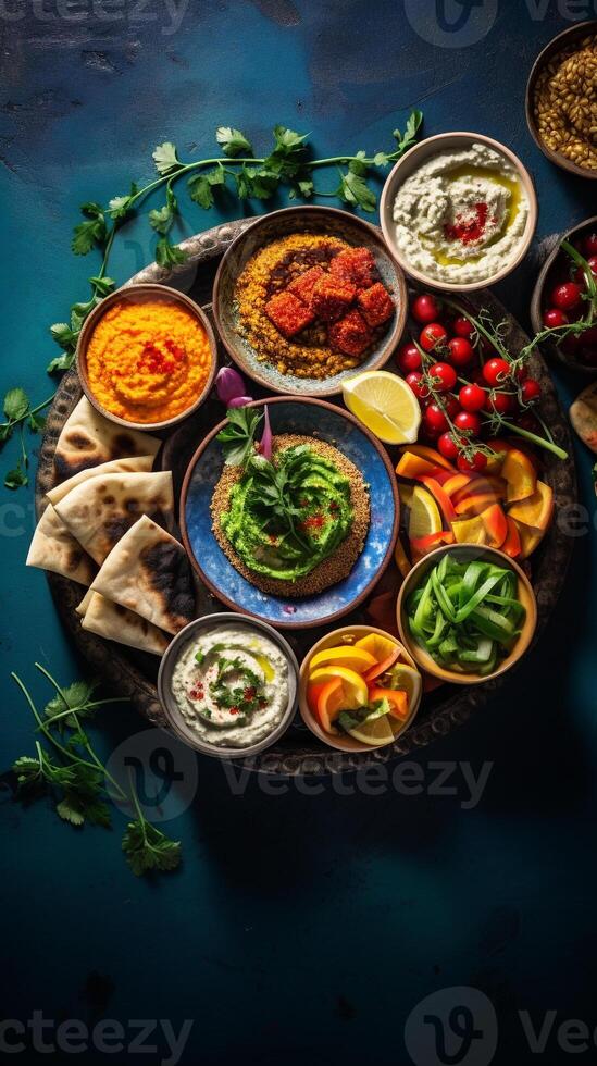 aérien aperçu de une méditerranéen le banquet Hoummous Pita pain et falafel près une thé pot ai génératif photo